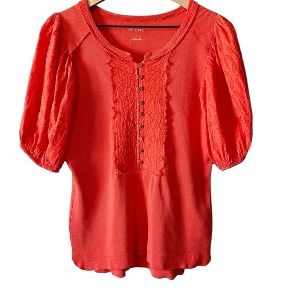 Pilcro Orange Puff Sleeve Ruffled Blouse size small - Picture 3 of 11